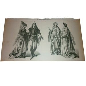 Antique 15th Century German Costume Wood Engraving Print Medieval Fashion Art